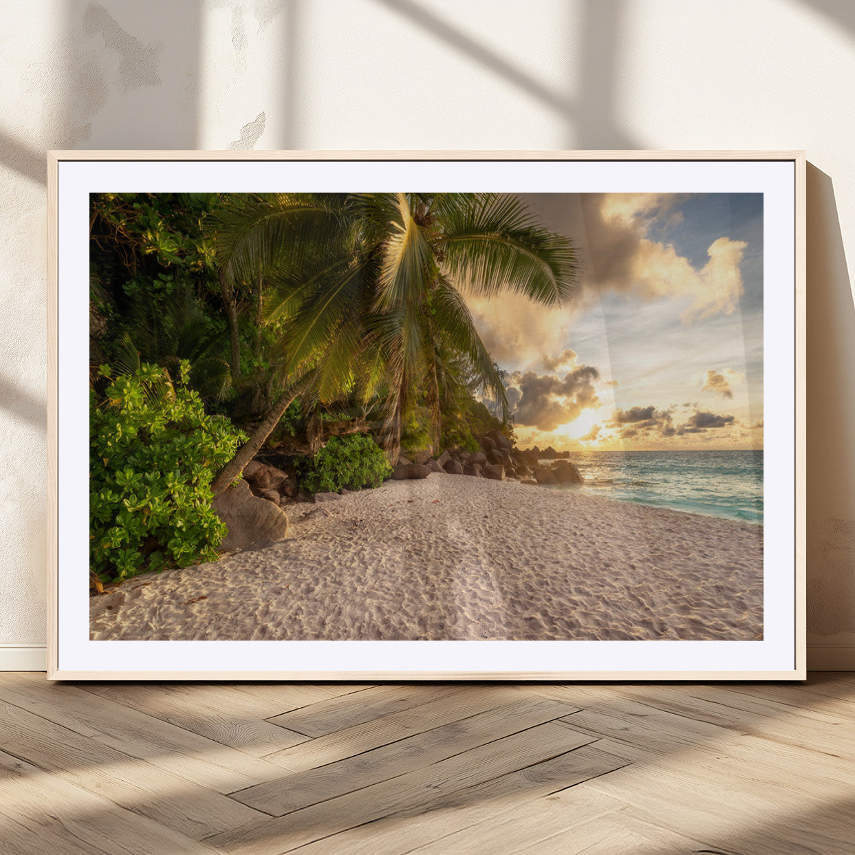 89531159-MGC-FP-36x24_Natural-Tropical Beach Sunset Canvas Wall Art – Palm Trees Golden Sand Ocean Waves Coastal Paradise Print for Beach House Bedroom Bathroom