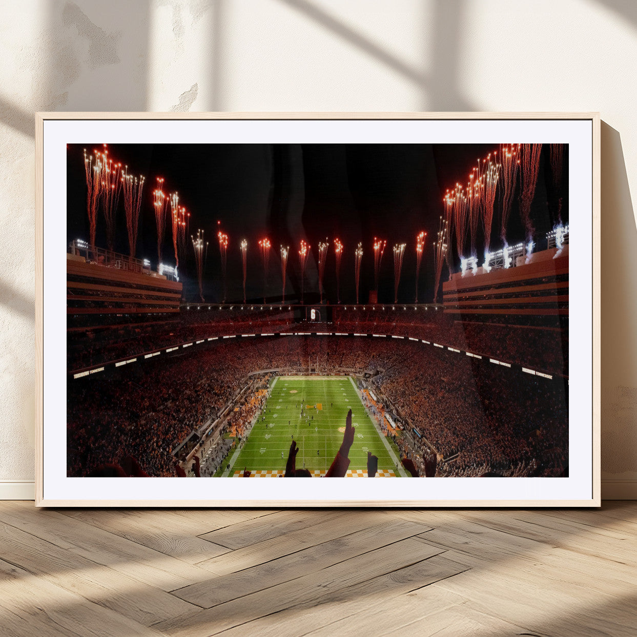 73358115-MGC-FP-36x24_Natural-Tennessee Volunteers Wall Art – Neyland Stadium Fireworks Night Game Canvas Print, Vols Football Checkerboard Endzone Sports Decor
