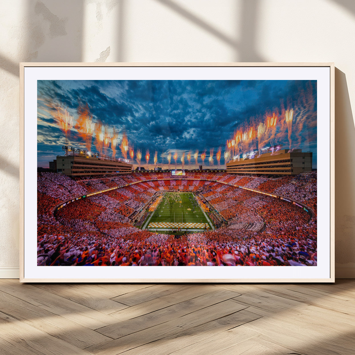 94266219-MGC-FP-36x24_Natural-Neyland Stadium Wall Art – Panoramic Tennessee Volunteers Checkerboard Crowd Fireworks Canvas Print, Football Game Day Sports
