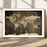 13394308-MGC-FP-36x24_Natural-Personalized World Map Wall Art – Dark Rustic Vintage Adventure Travel Map with Custom Couple Names, Timeless Wall Decor for Home