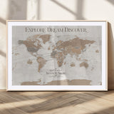 56148717-MGC-FP-36x24_Natural-Personalized World Map Wall Art – Neutral Beige & Brown Vintage Adventure Travel Map with Custom Couple Names, Classic Wall Decor
