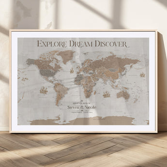 56148717-MGC-FP-36x24_Natural-Personalized World Map Wall Art – Neutral Beige & Brown Vintage Adventure Travel Map with Custom Couple Names, Classic Wall Decor