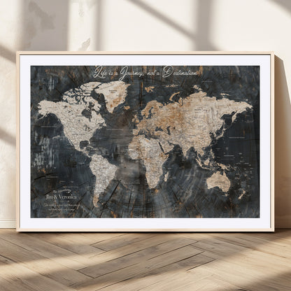 55548943-MGC-FP-36x24_Natural-Personalized World Map Wall Art – Rustic Wood Texture Adventure Travel Map with Custom Couple Names, Vintage Dark Wall Decor for