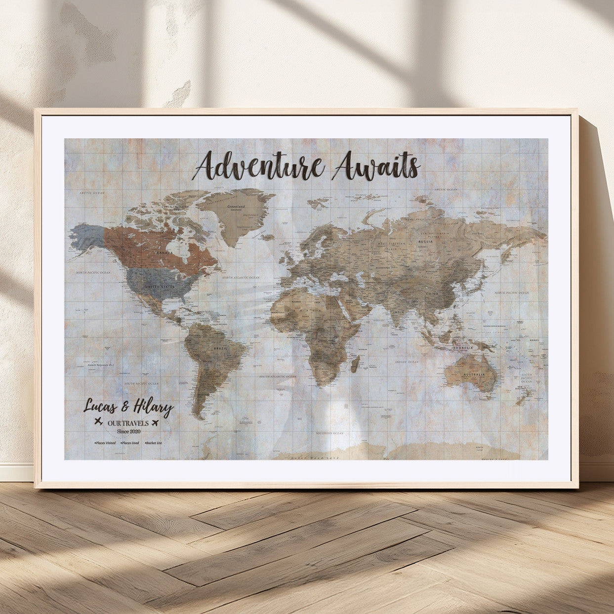 30792405-MGC-FP-36x24_Natural-Personalized World Map Wall Art – Rustic Beige Adventure Travel Map with Custom Couple Names, Vintage Wall Decor for Home or