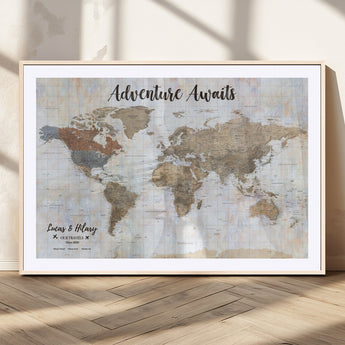 30792405-MGC-FP-36x24_Natural-Personalized World Map Wall Art – Rustic Beige Adventure Travel Map with Custom Couple Names, Vintage Wall Decor for Home or