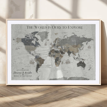 97082026-MGC-FP-36x24_Natural-Personalized World Map Wall Art – Vintage Gray Adventure Travel Map with Custom Couple or Family Names, Rustic Wall Decor for Home