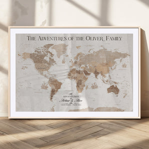 43869621-MGC-FP-36x24_Natural-Personalized World Map Wall Art – Light Beige Sepia Adventure Travel Map with Custom Family or Couple Names, Rustic Wall Decor for