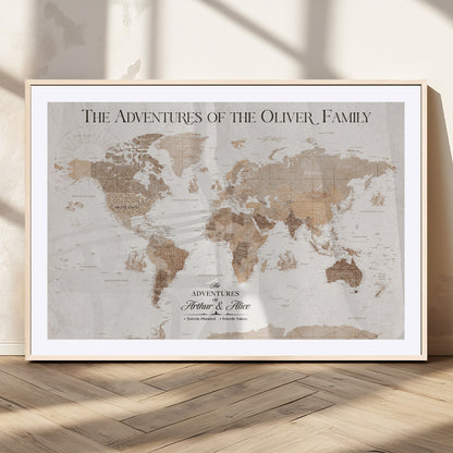 43869621-MGC-FP-36x24_Natural-Personalized World Map Wall Art – Light Beige Sepia Adventure Travel Map with Custom Family or Couple Names, Rustic Wall Decor for