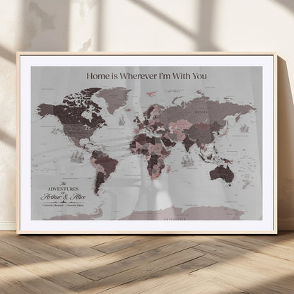 33204797-MGC-FP-36x24_Natural-Personalized World Map Wall Art – Burgundy & Grey Adventure Travel Map with Custom Names, Romantic Wall Decor for Couples, Home or