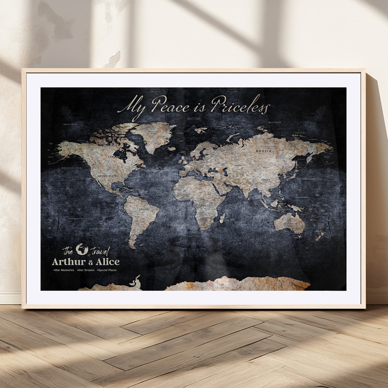 85403043-MGC-FP-36x24_Natural-Personalized World Map Wall Art – Dark Blue Rustic Adventure Map with Custom Couple Names, Vintage Wall Decor for Home or Travel