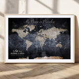85403043-MGC-FP-36x24_Natural-Personalized World Map Wall Art – Dark Blue Rustic Adventure Map with Custom Couple Names, Vintage Wall Decor for Home or Travel