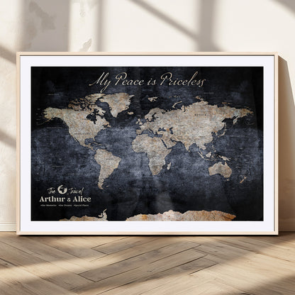 85403043-MGC-FP-36x24_Natural-Personalized World Map Wall Art – Dark Blue Rustic Adventure Map with Custom Couple Names, Vintage Wall Decor for Home or Travel