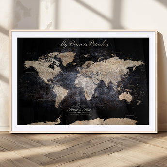 51488142-MGC-FP-36x24_Natural-Personalized World Map Wall Art – Dark Rustic Adventure Travel Map with Custom Names, Vintage Wall Decor for Couples, Families or