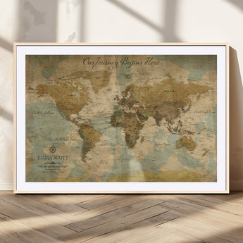 54795344-MGC-FP-36x24_Natural-Personalized World Map Wall Art – Vintage Adventure Travel Map with Custom Names, Rustic Wall Décor for Couples, Families
