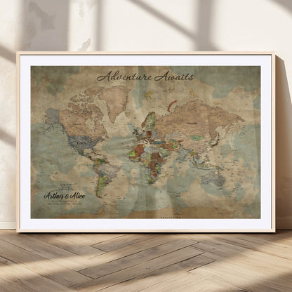 62500285-MGC-FP-36x24_Natural-Personalized World Map Wall Art – Rustic Watercolor Adventure Awaits Travel Map with Custom Couple Names, Vintage Wall Decor for