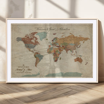 43497401-MGC-FP-36x24_Natural-Personalized World Map Wall Art – Vintage Rustic Adventure Travel Map with Custom Couple Names, Welcome to Great Adventure Wall