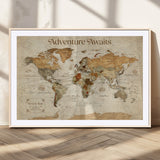 18685073-MGC-FP-36x24_Natural-Personalized World Map Wall Art – Antique Vintage Parchment Adventure Awaits Travel Map with Custom Couple Names, Rustic Wall