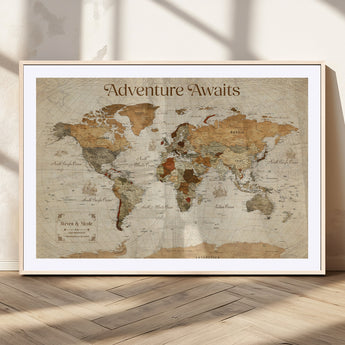 18685073-MGC-FP-36x24_Natural-Personalized World Map Wall Art – Antique Vintage Parchment Adventure Awaits Travel Map with Custom Couple Names, Rustic Wall