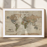 62766900-MGC-FP-36x24_Natural-Personalized World Map Wall Art – Antique Parchment Adventure Travel Map with Custom Couple Names, Rustic Wall Decor for Home,