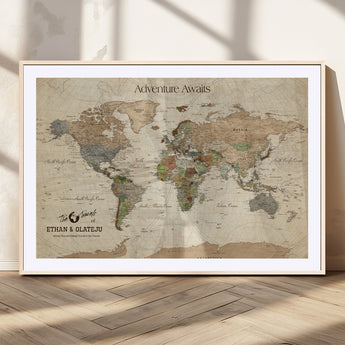 62766900-MGC-FP-36x24_Natural-Personalized World Map Wall Art – Antique Parchment Adventure Travel Map with Custom Couple Names, Rustic Wall Decor for Home,