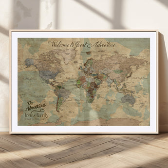 32019746-MGC-FP-36x24_Natural-Personalized World Map Wall Art – Vintage Camo Adventure Travel Map with Custom Family Names, Rustic Wall Decor for Couples, Home