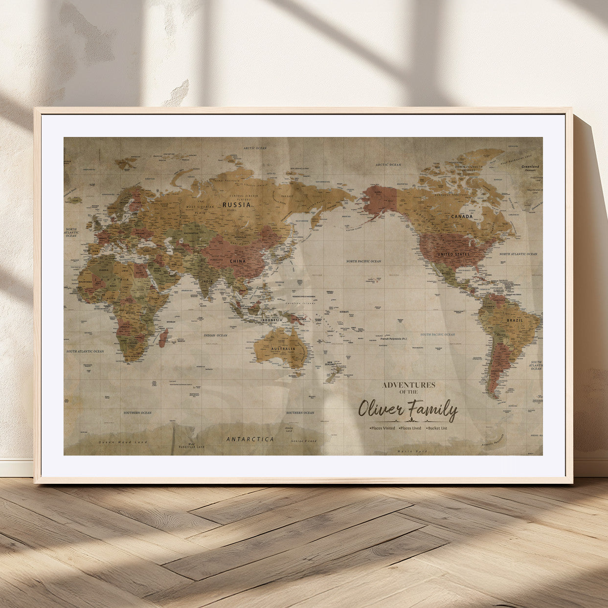 31874045-MGC-FP-36x24_Natural-Personalized World Map Wall Art – Vintage Earth Tone Adventure Map with Custom Family Names, Rustic Travel Decor for Home, Couples