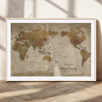 31874045-MGC-FP-36x24_Natural-Personalized World Map Wall Art – Vintage Earth Tone Adventure Map with Custom Family Names, Rustic Travel Decor for Home, Couples
