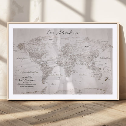 11706567-MGC-FP-36x24_Natural-Personalized World Map Wall Art – Minimalist Beige Adventure Travel Map with Custom Names, Elegant Push Pin Canvas for Couples,