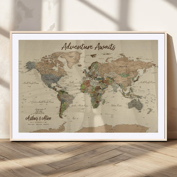 53442996-MGC-FP-36x24_Natural-Personalized World Map Wall Art – Adventure Awaits Vintage Travel Map with Custom Couple Names, Rustic Wall Decor for Home,