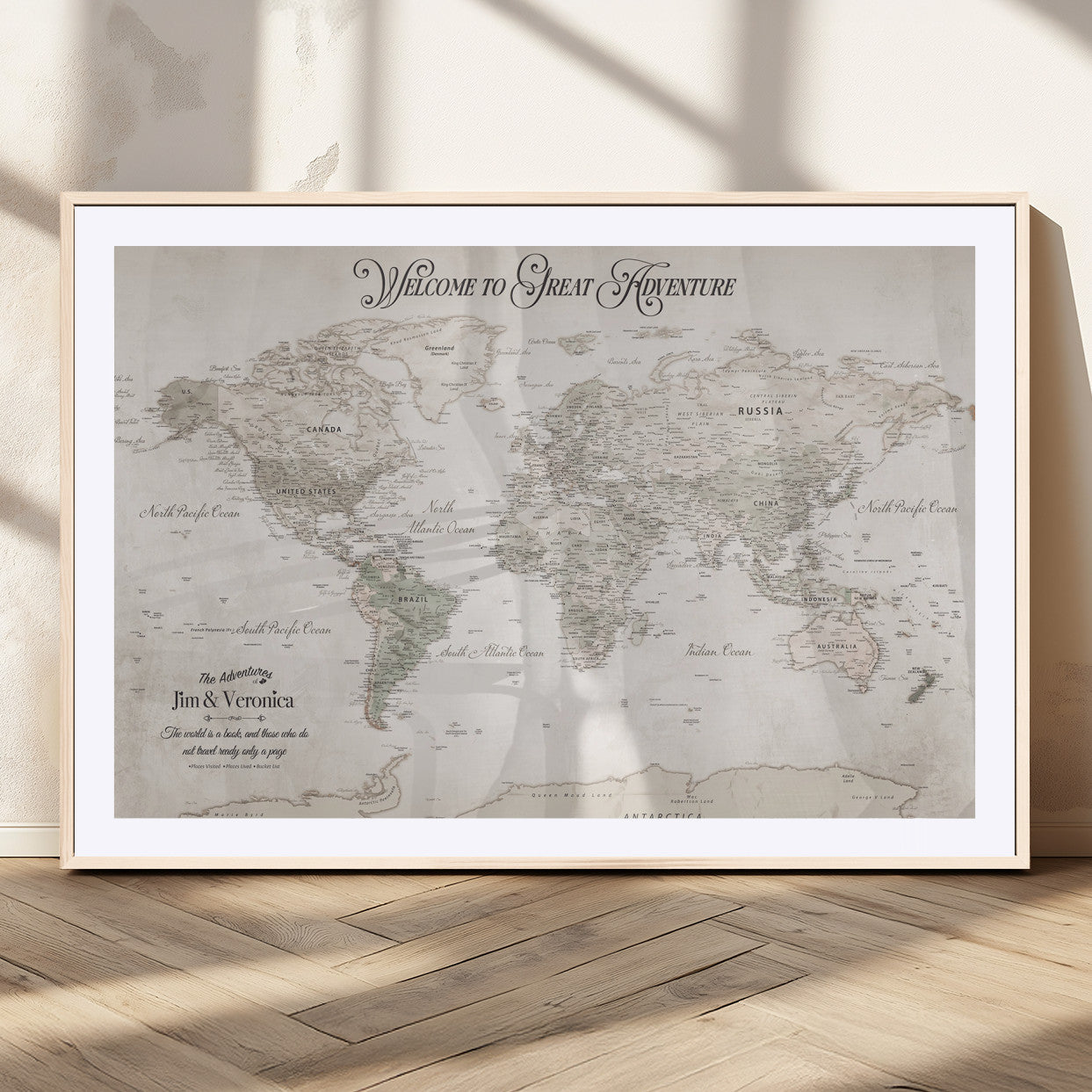 93034948-MGC-FP-36x24_Natural-Personalized World Map Wall Art – Vintage Beige Adventure Travel Map with Custom Names, Elegant Push Pin Canvas for Couples,