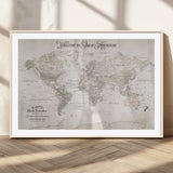 93034948-MGC-FP-36x24_Natural-Personalized World Map Wall Art – Vintage Beige Adventure Travel Map with Custom Names, Elegant Push Pin Canvas for Couples,