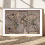 93226713-MGC-FP-36x24_Natural-Personalized World Map Wall Art – Adventure Awaits Rustic Earth-Tone Travel Map with Custom Names, Vintage Wall Decor for Couples,