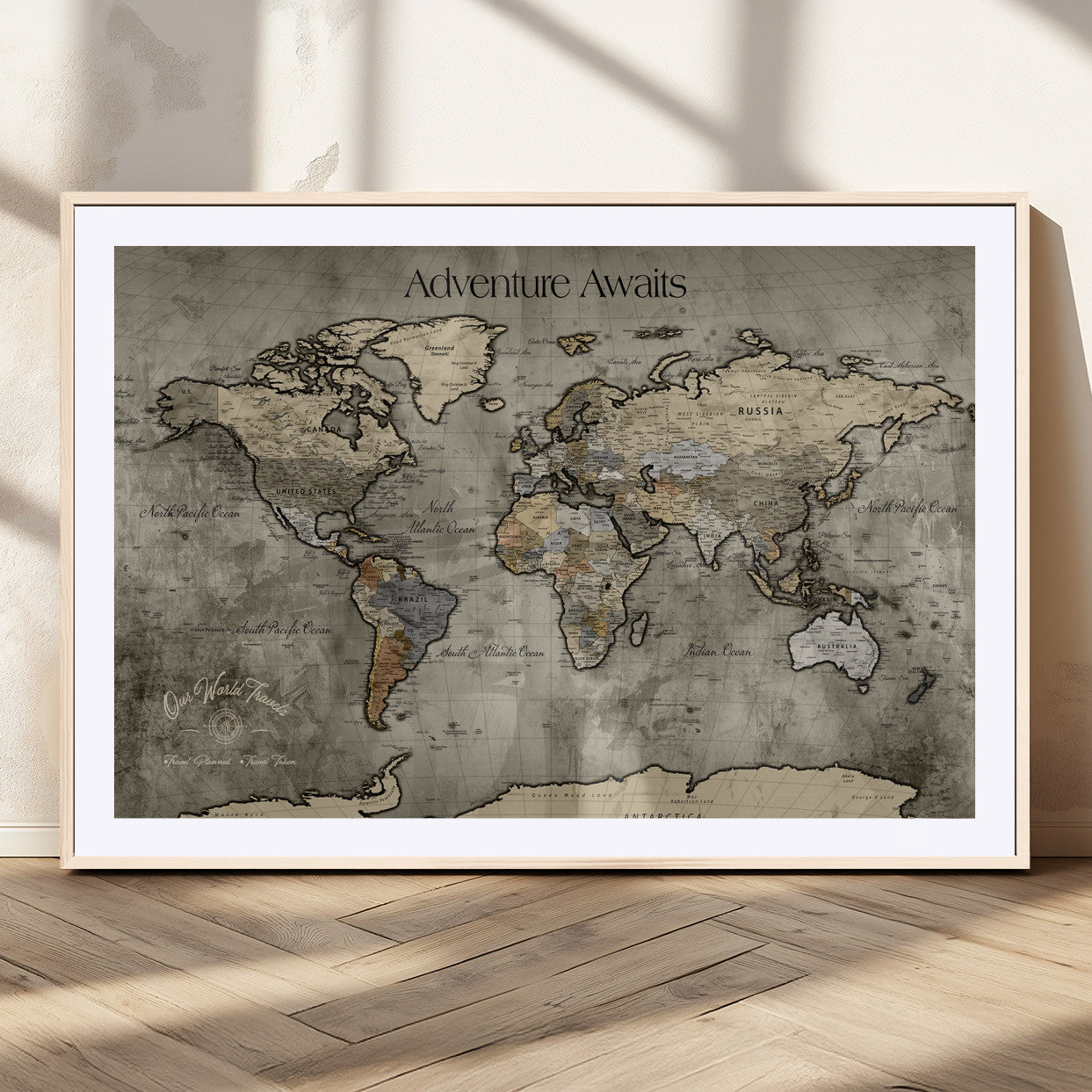 72658967-MGC-FP-36x24_Natural-Personalized World Map Wall Art – Adventure Awaits Rustic Sepia Travel Map with Custom Names, Vintage Wall Decor for Couples, Home