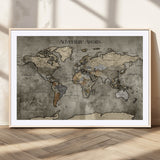 72658967-MGC-FP-36x24_Natural-Personalized World Map Wall Art – Adventure Awaits Rustic Sepia Travel Map with Custom Names, Vintage Wall Decor for Couples, Home