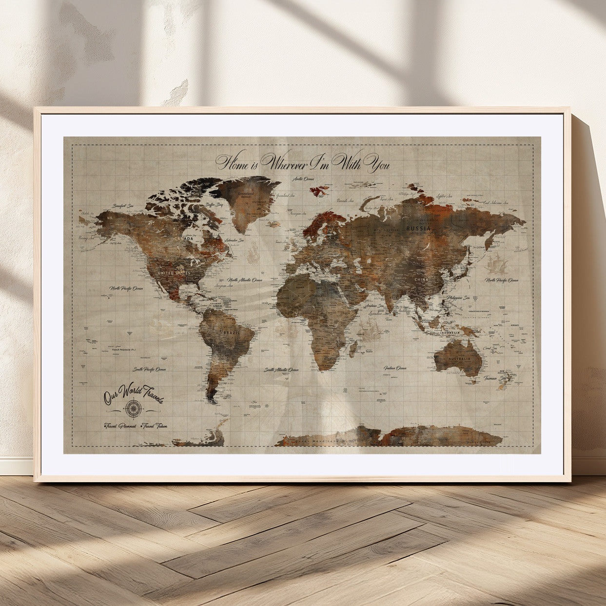 48225643-MGC-FP-36x24_Natural-Personalized World Map Wall Art – Rustic Vintage Adventure Travel Map with Custom Couple Names, Romantic Wall Decor for Home or