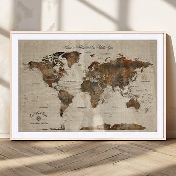 48225643-MGC-FP-36x24_Natural-Personalized World Map Wall Art – Rustic Vintage Adventure Travel Map with Custom Couple Names, Romantic Wall Decor for Home or