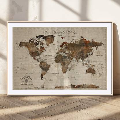 48225643-MGC-FP-36x24_Natural-Personalized World Map Wall Art – Rustic Vintage Adventure Travel Map with Custom Couple Names, Romantic Wall Decor for Home or