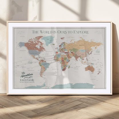 69180591-MGC-FP-36x24_Natural-Personalized World Map Wall Art – Rustic Vintage Adventure Travel Map with Custom Family Names, Unique Wall Decor for Couples,