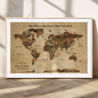 50680593-MGC-FP-36x24_Natural-Personalized World Map Wall Art – Rustic Brown Adventure Travel Map with Custom Names, Elegant Push Pin Canvas for Couples Home,
