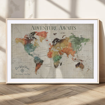 24737989-MGC-FP-36x24_Natural-Personalized World Map Wall Art – Colorful Vintage Adventure Travel Map with Custom Names, Unique Wall Decor for Couples,