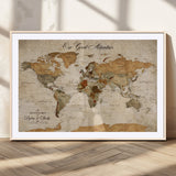 91961147-MGC-FP-36x24_Natural-Personalized World Map Wall Art – Vintage Sepia Adventure Travel Map with Custom Couple Names, Rustic Wall Decor for Home, Couples