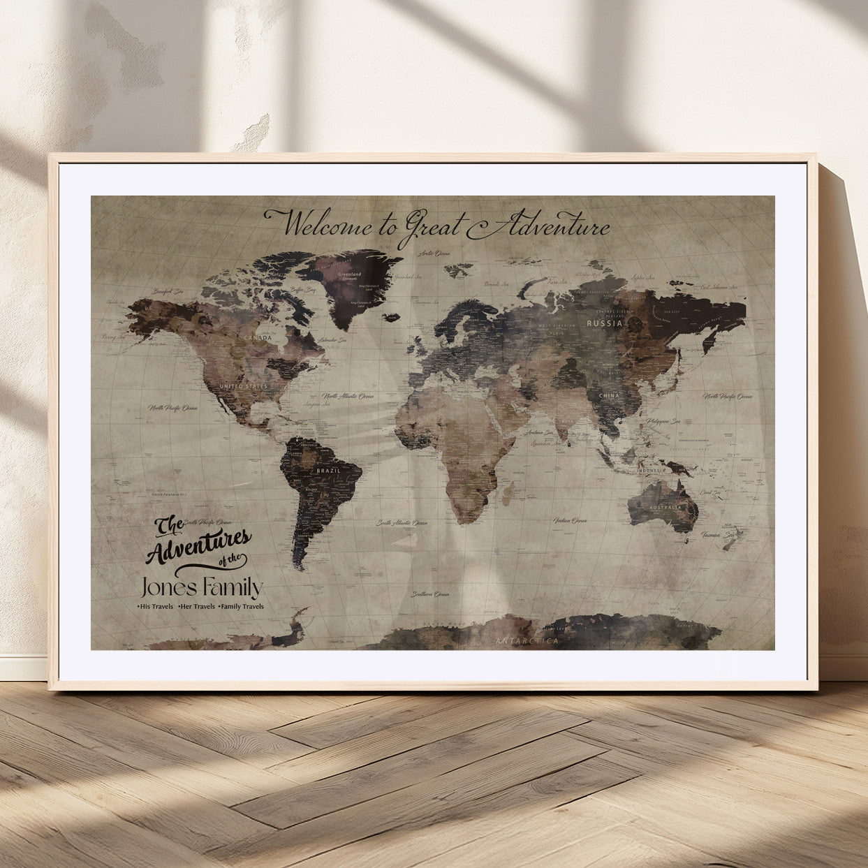 78610079-MGC-FP-36x24_Natural-Personalized World Map Wall Art – Vintage Rustic Travel Map with Custom Family Name, Adventure Wall Decor for Home, Family Gift or