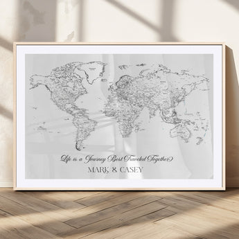 43438578-MGC-FP-36x24_Natural-Personalized World Map Wall Art – Black and White Minimal Travel Map with Custom Names, Elegant Wall Decor for Couples, Wedding or