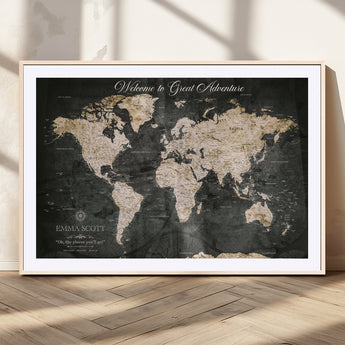 70534097-MGC-FP-36x24_Natural-Personalized World Map Wall Art – Dark Vintage Adventure Style Travel Map with Custom Names, Unique Wall Decor for Couples, Home