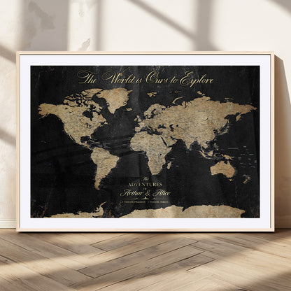 98947257-MGC-FP-36x24_Natural-Personalized World Map Wall Art – Vintage Black Adventure Travel Map with Custom Names, Elegant Push Pin Canvas for Couples Home
