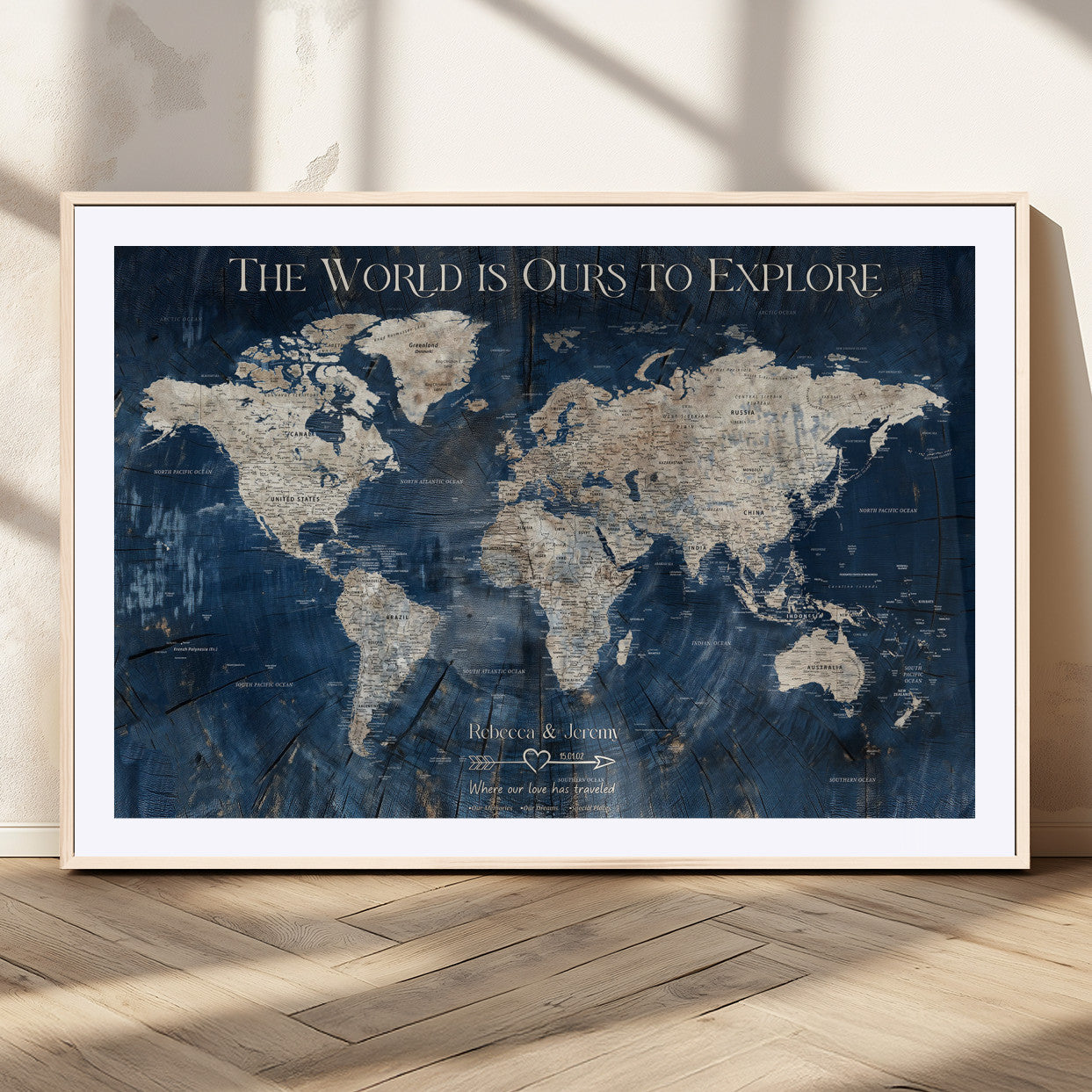 16933330-MGC-FP-36x24_Natural-Personalized World Map Wall Art – Navy Blue Vintage Travel Map with Custom Names, Anniversary Gift for Couples Romantic Adventure