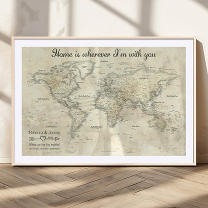 35009043-MGC-FP-36x24_Natural-Personalized World Map Wall Art – Vintage Beige Travel Map with Custom Names and Date, Romantic Anniversary Gift for Couples Home
