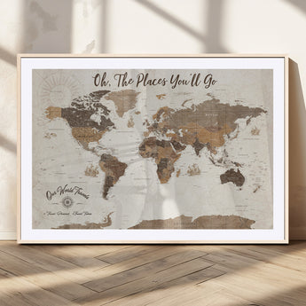 14140137-MGC-FP-36x24_Natural-Personalized World Map Wall Art – Vintage Nautical Adventure Map with Ships and Compass, Rustic Sepia Tones for Travel Lovers and