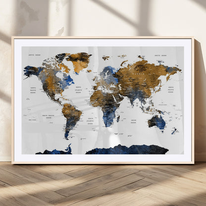 MGC-FP-36x24 - World Map Wall Art Canvas Print, Framed Blue Gold Map Art Picture Print, Rustic Atlas Perfect Rustic Modern Decor Artwork