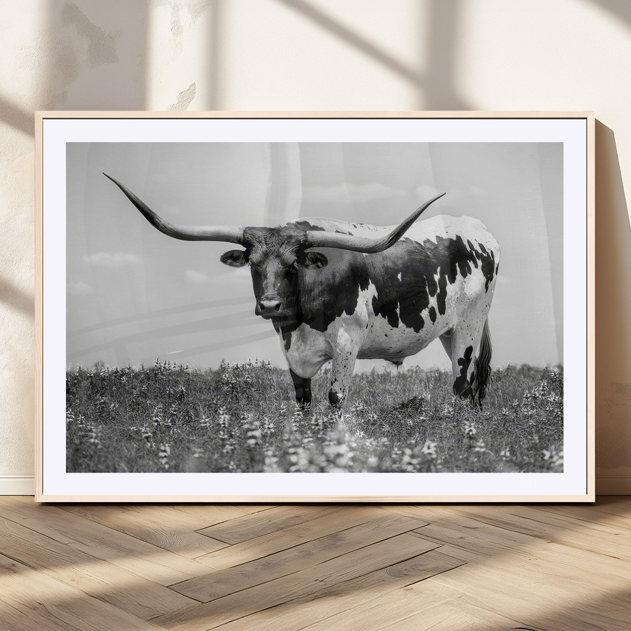 83785-MGV-CV-36X24-Texas Longhorn Wall Art Canvas Print, Framed Horned Bull Art Picture Print, Monochrome Cattle Perfect Rustic Western Decor Artwork